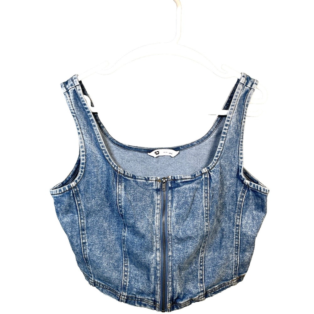 SO Goods for Life Front Zip Up Denim‎ Crop Tank Top Women's Large Blue Jean Y2K